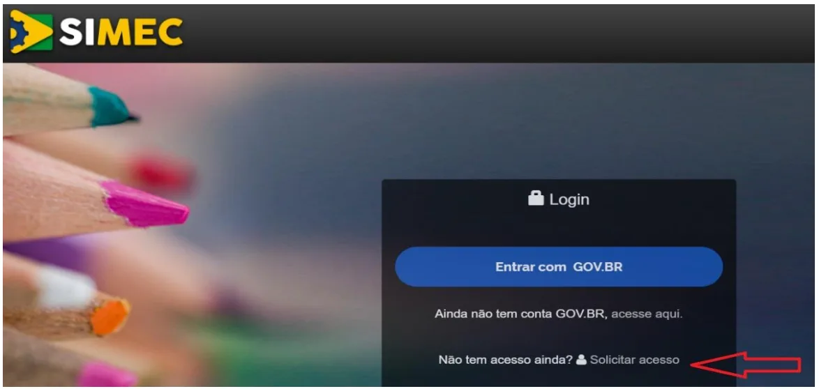 Tela inicial do SIMEC com a opção Solicitar acesso destacada