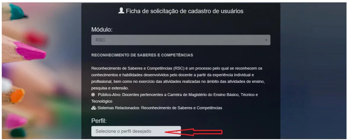 Ficha de solicitação de cadastro de usuários do SIMEC