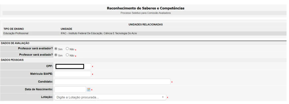 Formulário para conclusão do cadastro como professor avaliador