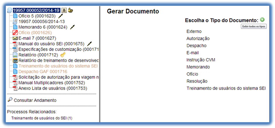 Tela para escolher o tipo de documento no SEI.