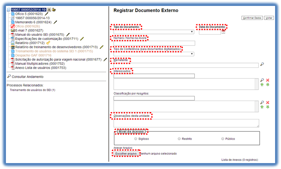 Formulário para registrar um documento externo no SEI.