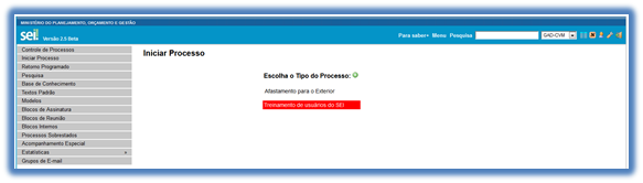 Tela de seleção do tipo de processo no SEI.
