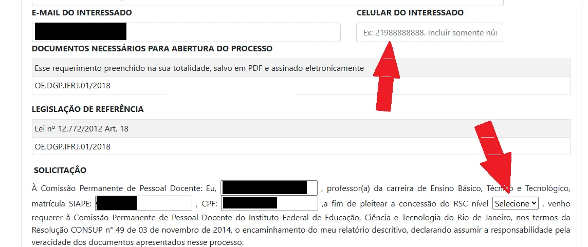 Campos para preencher celular e selecionar o nível de RSC no formulário do IFRJ