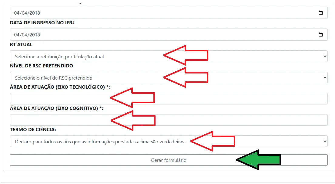 Campos de RT atual, áreas de atuação, termo de ciência e botão para gerar formulário