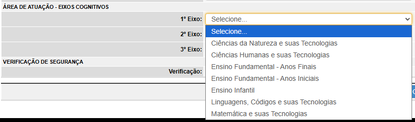 Tela do SIMEC exibindo a lista de eixos cognitivos disponíveis