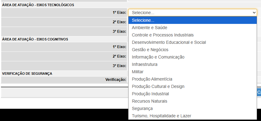 Tela do SIMEC exibindo a lista de eixos tecnológicos disponíveis